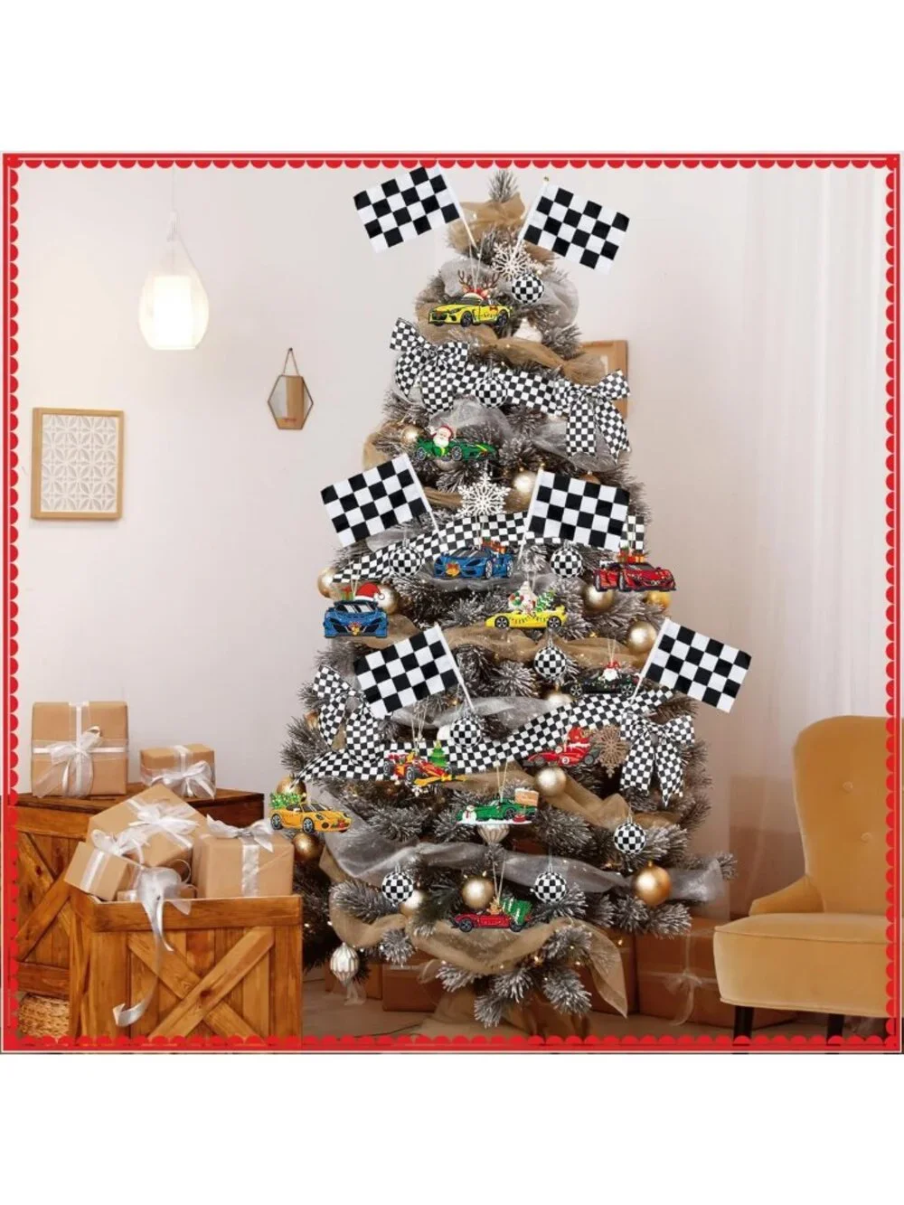 46 Pcs Black & White Race Car Christmas Tree Ornaments - Festive Holiday Decor